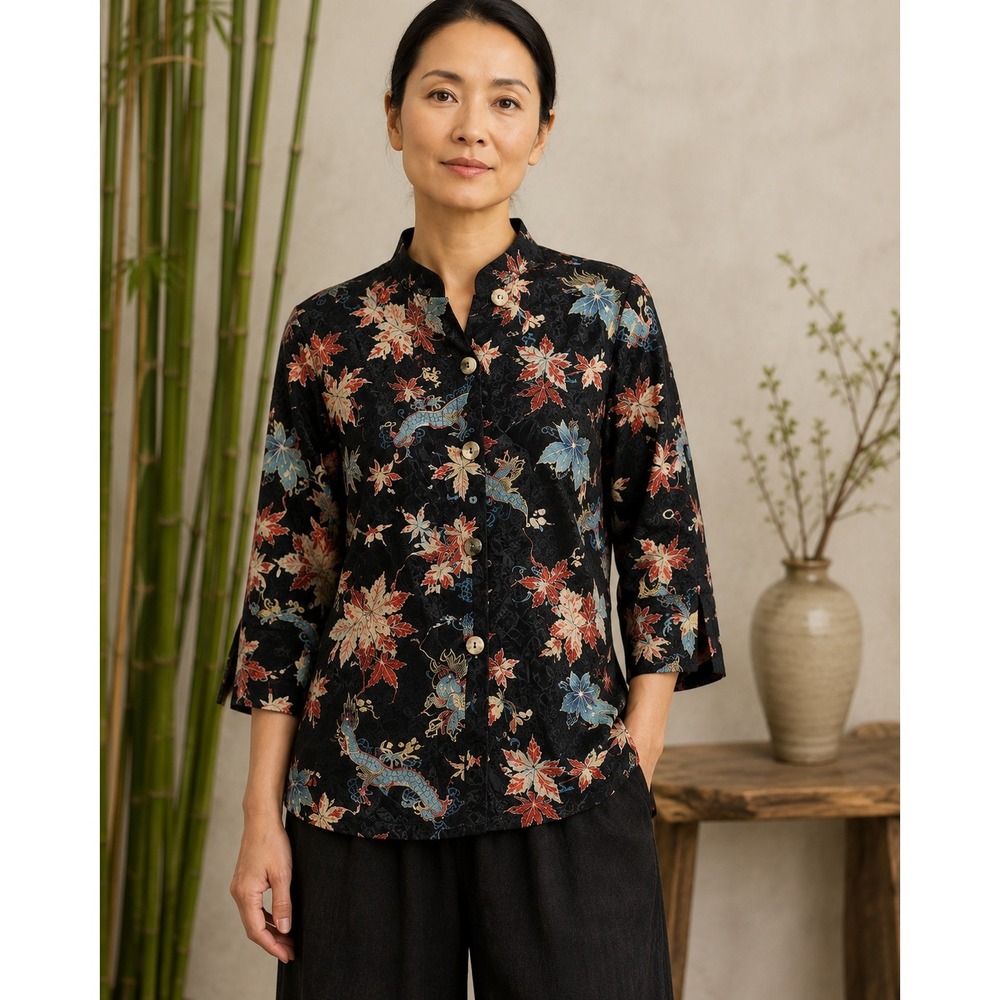 Citron Santa Monica Silk Asian Print Button Up Shirt Black M